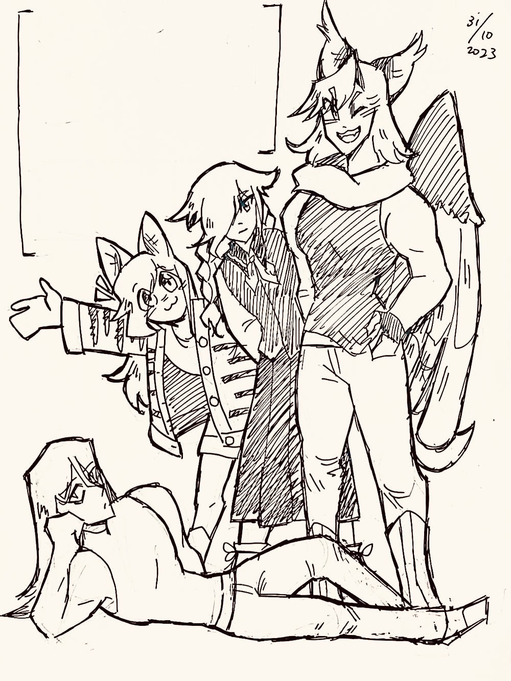Drawing of Cosmos, Lavender, Kyrea and Jaspers in a group photo
