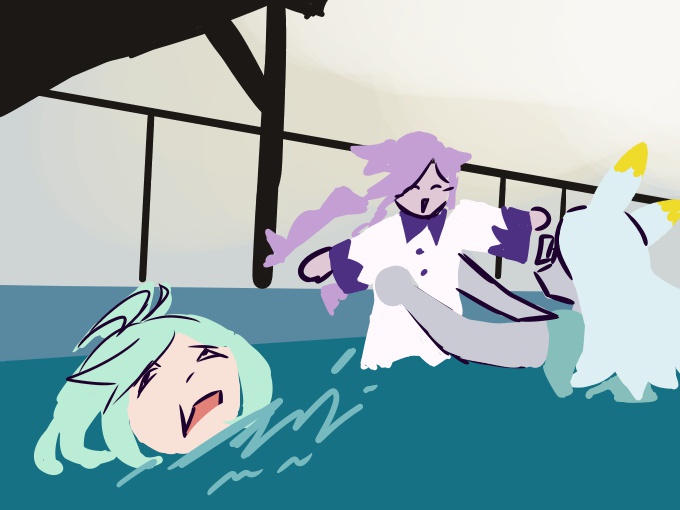 Drawing of my sona holding small Lavender in a pool, with Mira drowning at the front